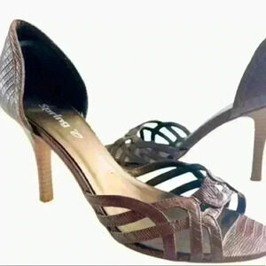 CALL IT SPRING BROWN CROCODILE EMBOSSED  HEELED OPEN TOE SHOES SIZE 9